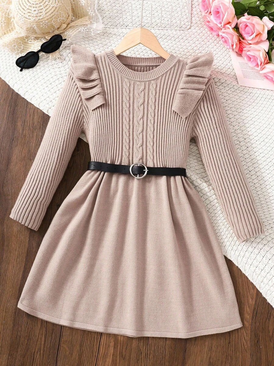 Tween Girl Round Neck Long Sleeve Textured Ruffle Flare Sleeve A-Line Casual Sweater Dress Fall Winter - Khaki - View 1