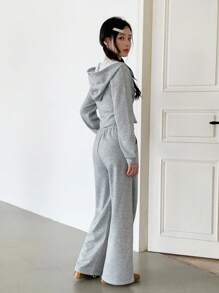 Sweetra Young 2pcs/Set Teen GirlGray Hoodie Sweatshirt And Loose Pants, Casual Sports College Style Outfit Fall Winter