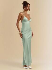 SHEIN BAE 杏色和白色深V领细肩带超长露背系带缎面美人鱼连衣裙，优雅连衣裙，度假连衣裙，伴娘连衣裙，生日派对连衣裙，毕业礼服，白色连衣裙 - 薄荷綠 - 查看 6