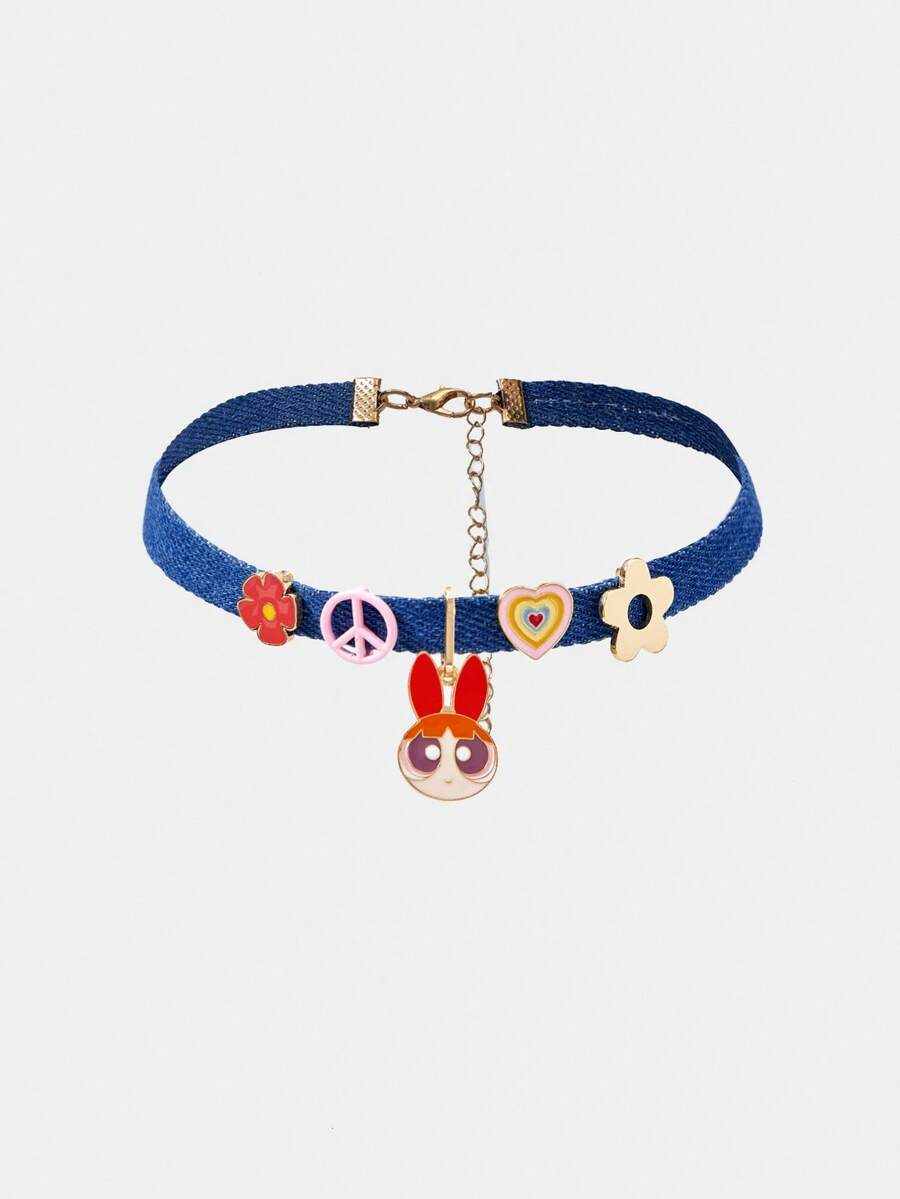 THE POWERPUFF GIRLS X SHEIN Vòng cổ thời trang trang trí kim loại họa tiết hoa - Màu xanh lam - Xem 1