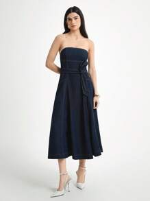 女式休闲A字牛仔连衣裙 - 深色水洗藍 - 查看 3