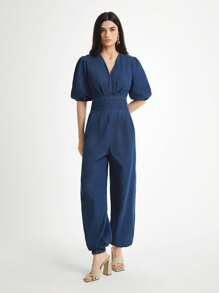 Daynim 女式休闲V领灯笼袖牛仔连体裤 - 中等水洗藍 - 查看 3