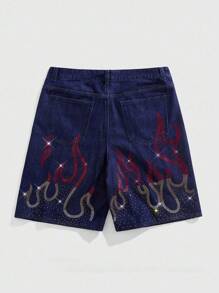 ROMWE MEN Street Life Quần short denim họa tiết ngọn lửa kim cương nhiều màu cho nam - Màu xanh lam - Xem 2