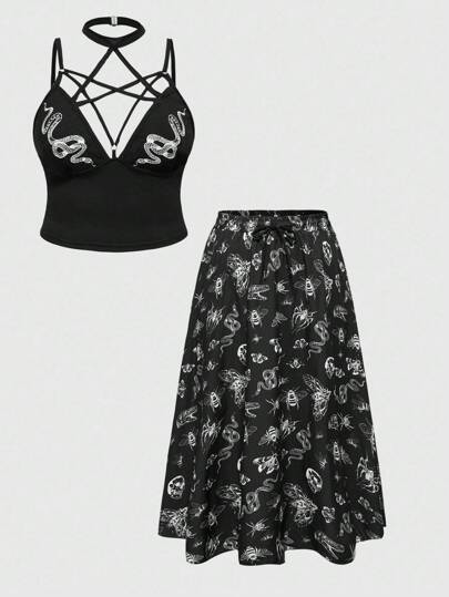 Goth Plus Size Women Snake Sequin Print Camisole And Mini Skirt Fashion Set