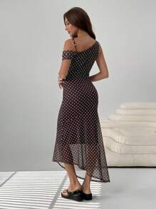 SHEIN EZwear 女士圆点印花不对称领口无袖连衣裙 - 棕色 - 查看 2