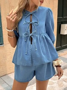 SHEIN 孕妇度假休闲系带上衣和牛仔短裤套装 - 藍色 - 查看 4