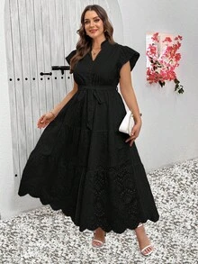SHEIN Clasi Váy thêu rỗng màu trơn cỡ lớn thường ngày - màu đen - Xem 5