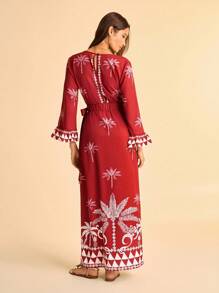 CAJUNI 女士休闲度假热带棕榈树印花深 V 领裹身系带长裙 - 紅色 - 查看 2