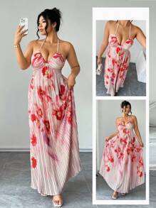 Elenzga Romantisches Maxikleid in Große Größen mit Aquarellmuster in Mehrfarbigkeit, Blumen-Muster, Spaghettiträgern, geraffter Büste, plissiertem Saum, eleganter Freizeitmode für den Urlaub - Verschiedenfarbig - Übersicht 3