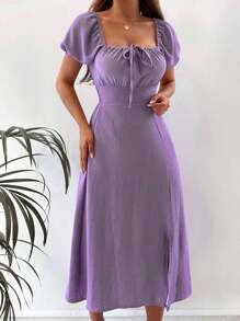 EURMUSE Tie Front Split Thigh Puff Sleeve Dress - Purple - View 5