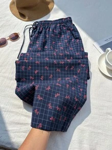 Comfortcana Plus Size Casual Navy Blue Plaid Bow Print Drawstring Pants - Navy Blue - View 5