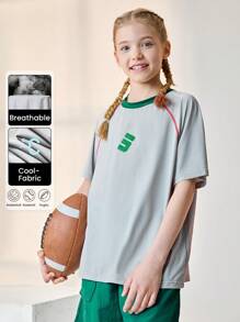 JNSQ Back To School Clothes, Tween Girl And Boy Outdoor Professional Sports Short Sleeve T-Shirt, Children's Round Neck Boneless Stitching Contrast Color Outdoor Sports Short Sleeve Top - Grey - View 1