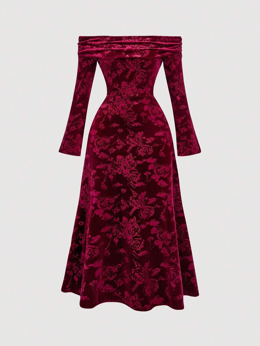 SHEIN MOD 露肩长袖修身天鹅绒花卉印花酒红色连衣裙 - 酒紅色 - 查看 1