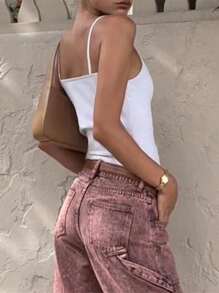 INAWLY Solva Top camisole pliat de culoare solidă pentru femei