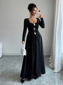 Elenzga 女士金属装饰甜心领长袖荷叶边优雅连衣裙 - 黑色 - 查看 6