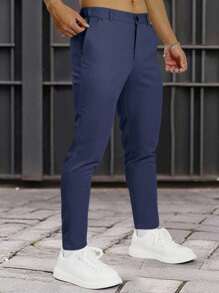Manfinity Homme 男士實色修身西裝褲,不帶皮帶 - 藏蓝色 - 查看 4