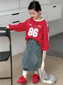 Dazy Kids Young Girl Round Neck Knit Fleece Printed Sweatshirt, Fall, Winter - Red - View 2