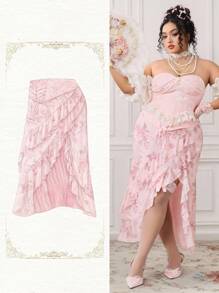 ROMWE EDITION 加大码 Kawaii Palace 甜美不对称下摆荷叶边半身裙 - 粉色 - 查看 11