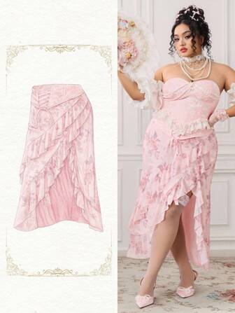 ROMWE EDITION Jupe asymétrique volantée sucrée de style kawaii grande taille