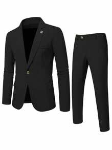 Calvornis 男士休闲商务两件套西装，纯色西装套装夹克和裤子，简约时尚休闲日常穿着婚礼西装舞会西装男士，适合情人节周年纪念日等场合，是送给男朋友或丈夫的绝佳礼物，老钱风格 - 黑色 - 查看 4