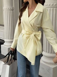 EMERY ROSE 女士时尚翻领交叉系带长袖衬衫 - 黃色 - 查看 3
