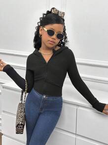 Tween Girl Casual Simple Slim Fit Zip Up Sweatshirt For Fall/Winter,Long Sleeve Tops - Black - View 1