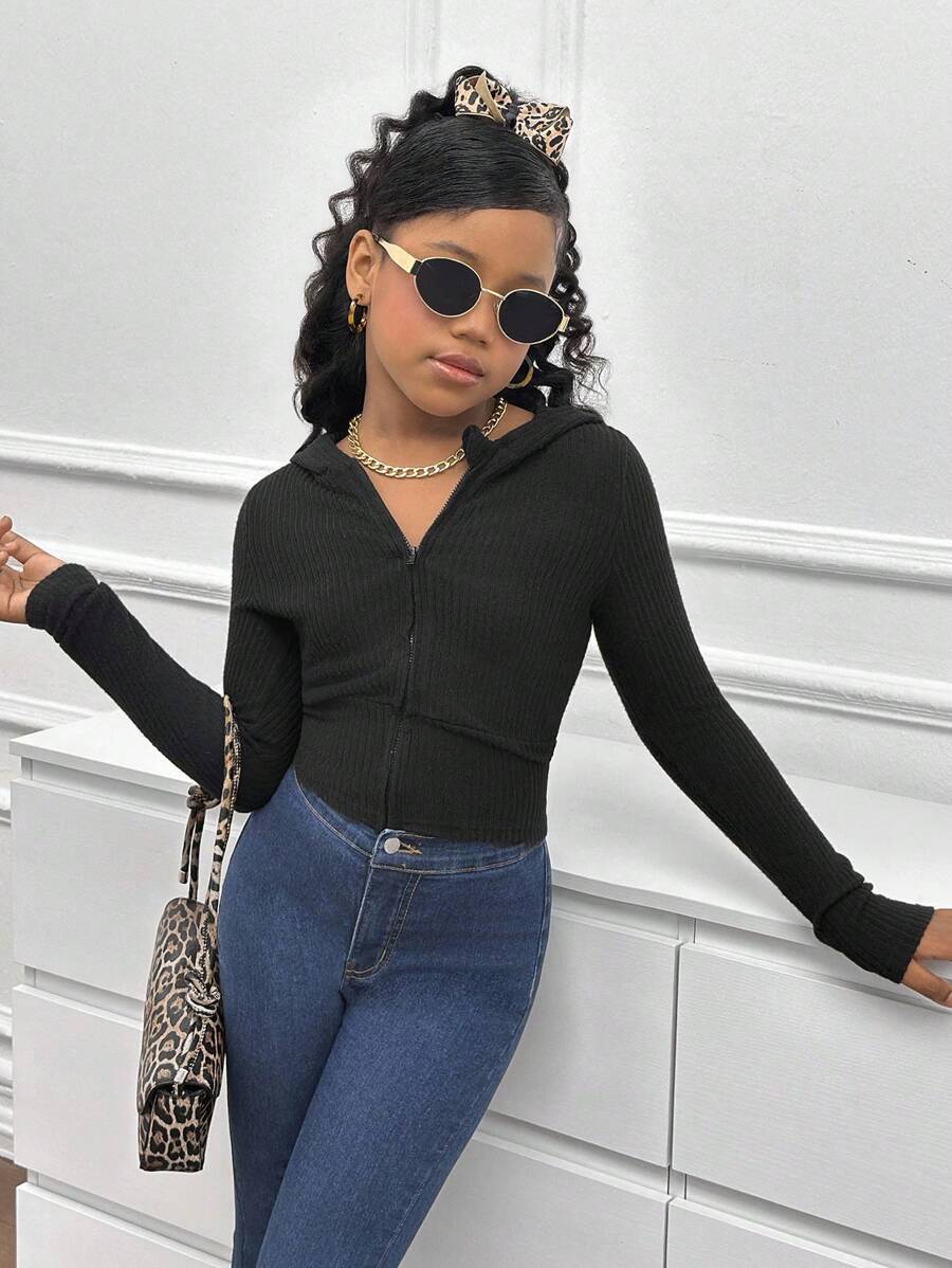 Tween Girl Casual Simple Slim Fit Zip Up Sweatshirt For Fall/Winter,Long Sleeve Tops - Black - View 1