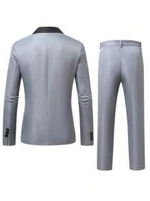 Manfinity Mode 男士双色翻领长袖西装外套和裤子休闲套装 - 灰色 - 查看 2