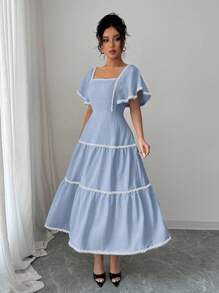 Rafferiza 女式方领泡泡袖纹理法式度假荷叶边下摆连衣裙，优雅奶油黄色 - 藍色 - 查看 4