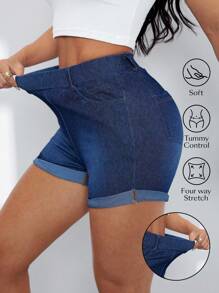 Flexra Elastic Washed Denim Cuffed Shorts - Dark Wash - View 1