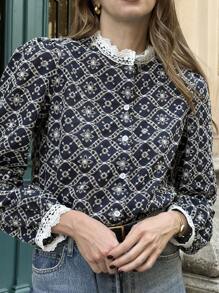 Pariaura 2025 Autumn And Winter New Shirts, French Embroidery Patchwork Lace Long-Sleeved Shirts, Fashionable And Elegant Women's Tops, Hollow Embroidery Shirts, Navy Blue High-Grade Fabric Shirts, Collar + Cuffs Splicing Lace, Single-Breasted Button Exquisite Shirts, Elegant And Atmospheric, Versatile Commuting, High-Grade Embroidered Fabric Shirts, Women's Autumn And Winter Shirts, Women's Autumn And Winter Going Out Shirts, Women's Versatile Commuting Shirts, Autumn, Winter, Women's Shirts, Open Placket Shirts, Autumn And Winter Wear, White Lace With Navy Blue Fabric Shirts.