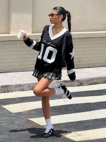 SHEIN 少女毛衣 少女拼色 V 领休闲宽松学院风图案套头毛衣 - 黑與白 - 查看 6