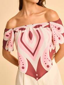 CAJUNI Damen Urlaubs Rot & Pink Blumen Muster Off-Shoulder Gerafftes Kurzarm V-Saum Sommer Urlaubs Strand Party Lässig Crop Top - Verschiedenfarbig - Übersicht 6