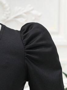 女婴撞色喇叭裙摆泡泡袖派对连衣裙，适合春秋季母女亲子装，黑白连衣裙，女婴黑色连衣裙，女婴黑白连衣裙，黑白派对连衣裙，女婴秋冬季 - 黑與白 - 查看 4