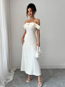 Elenzga 女士优雅蝴蝶结腰修身无袖中长连衣裙，高端大气，百搭减龄 - 杏色 - 查看 7