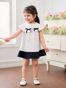 SHEIN Babygirl Elegant & Cute Color Block Bowknot Collar Loose Dress - White - View 5