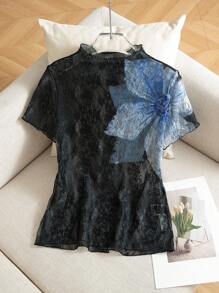 Modelyn Camiseta corta de manga corta con estampado floral casual para mujeres - Multicolor - Ver 1