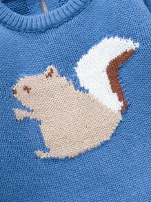 SHEIN 2pcs Cute Squirrel Jacquard Knit Baby Sweater Set, Round Neck Long Sleeve Top + Footed Pants, Casual Newborn Outfits Knitted Baby Boy Blue Outfit Baby Boy Winter Set Knit Two Piece Toddler Toddler Knit Set Squirrel Baby Outfit - Blue - View 3