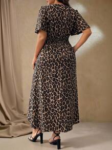 Roveilla Plus Size Women Leopard Print V-Neck Short Puff Sleeve Side Split Hem Fashionable Dress Maxi Women Outfit - Brown - View 2