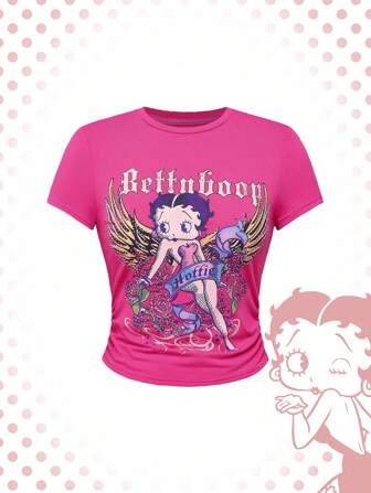 Betty Boop | ROMWE T-shirt court ajusté d'été pour femmes avec imprimé rose et portrait, style Y2K