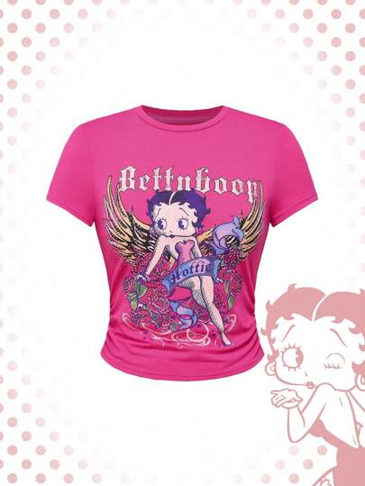 Betty Boop | ROMWE Damen Sommer Y2K Rose & Portrait Bedrucktes figurbetont geschnittenes Crop Top