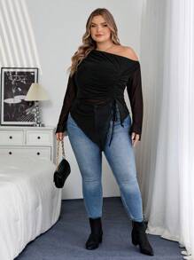 SHEIN CURVE+ Áo nữ cỡ lớn, vải lưới, dành cho quý cô mùa hè, tiệc tùng ngày lễ, thanh lịch, sinh nhật, mùa thu - màu đen - Xem 6