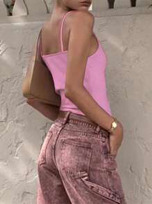 INAWLY Women's Solid Color Ruffle Fitted Pink Camisole Top - Pink - View 5