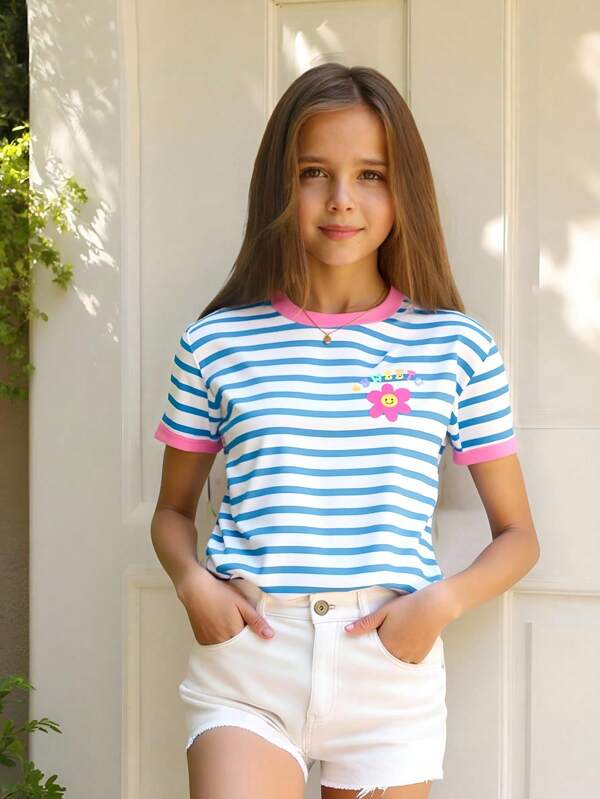 Older Girls Sweet Floral Print Blue Striped Crew Neck Short Sleeve Casual T-Shirt, Summer