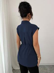 Elenzga Women's Casual Vacation Style Shirt Collar Button Down Cinched Waist A-Line Loose Blouse Top - Navy Blue - View 2