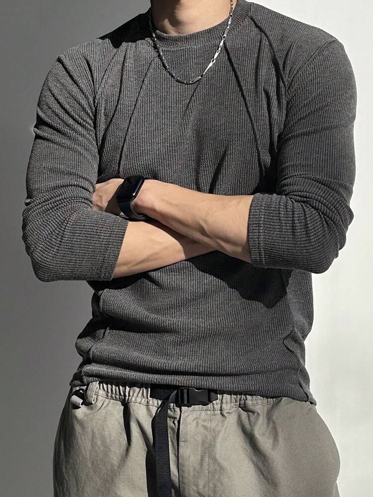 Men's Solid Gray Fitted Textured Fabric T-Shirt, Autumn Long Sleeve Men Shirt Men Casual Wear, Fall
