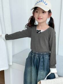 Dazy Kids Áo thun họa tiết nơ khối màu đơn giản cho bé gái - Xám - Xem 4