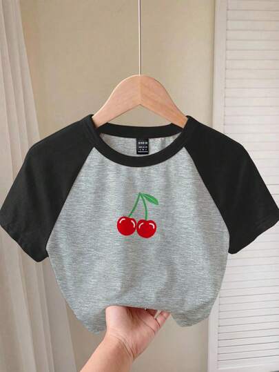 Comfortcana Áo thun tay ngắn cổ tròn họa tiết quả anh đào, ôm sát, tay raglan, phù hợp cho mùa hè