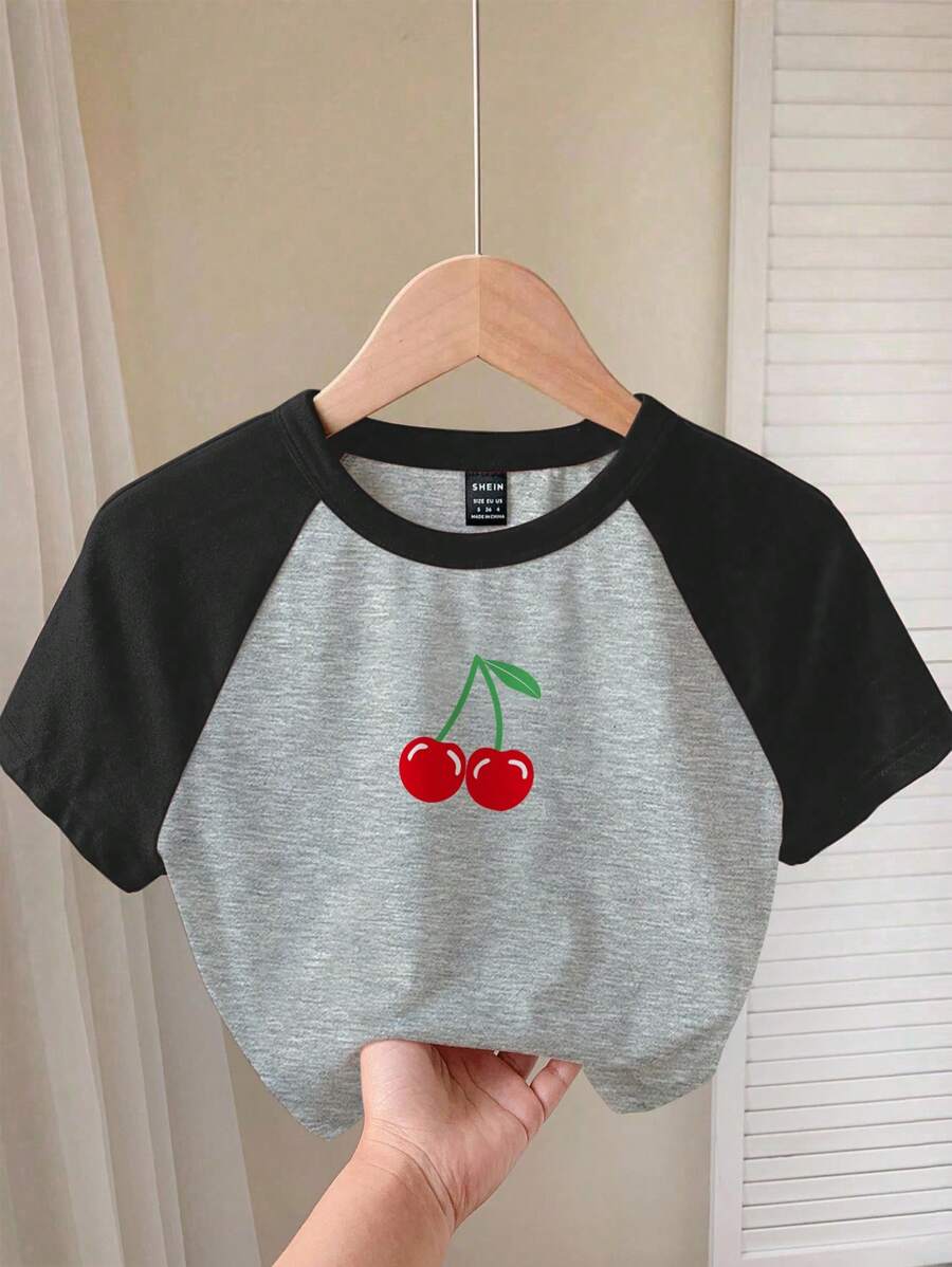 Comfortcana Camiseta de manga corta con cuello redondo, ajustada y acortada, con estampado de cerezas, adecuada para el verano - Multicolor - Ver 1