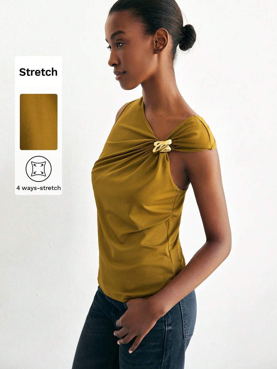 Maija Women's Summer Solid Color Asymmetric Ruched Metal Decor Tank Top - Mustard Yellow - View 1